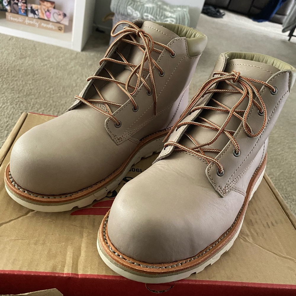Steel Toe Red Wing Shoes Taupe Work Boots with Tan Welt and Cream Outsole